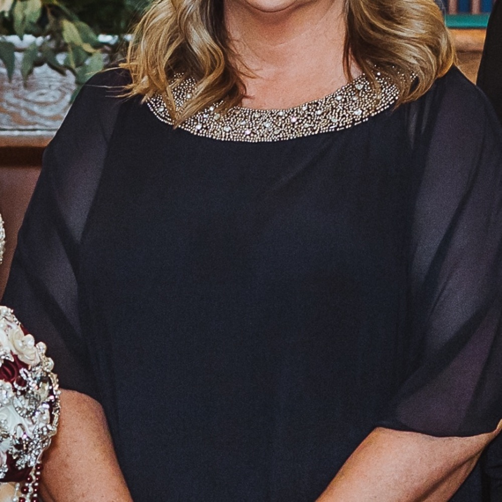 Mother of the Bride navy blue dress with beaded top.